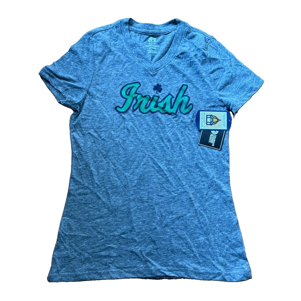 Notre Dame Fighting Irish Women XL Gray Graphic V Neck T-Shirt Genuine Stuff NEW